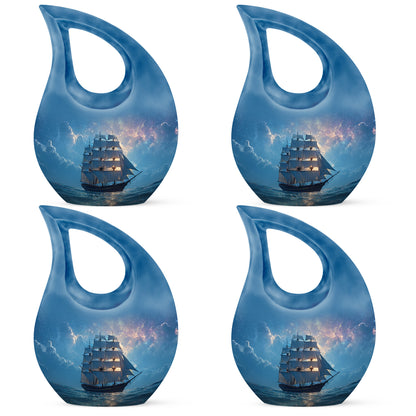 Navy Blue Boat Cremation Urn lifestyle display on memorial shelf - sacred cross merged with boat motif on metal - 10 inch aluminum urn for cremated remains