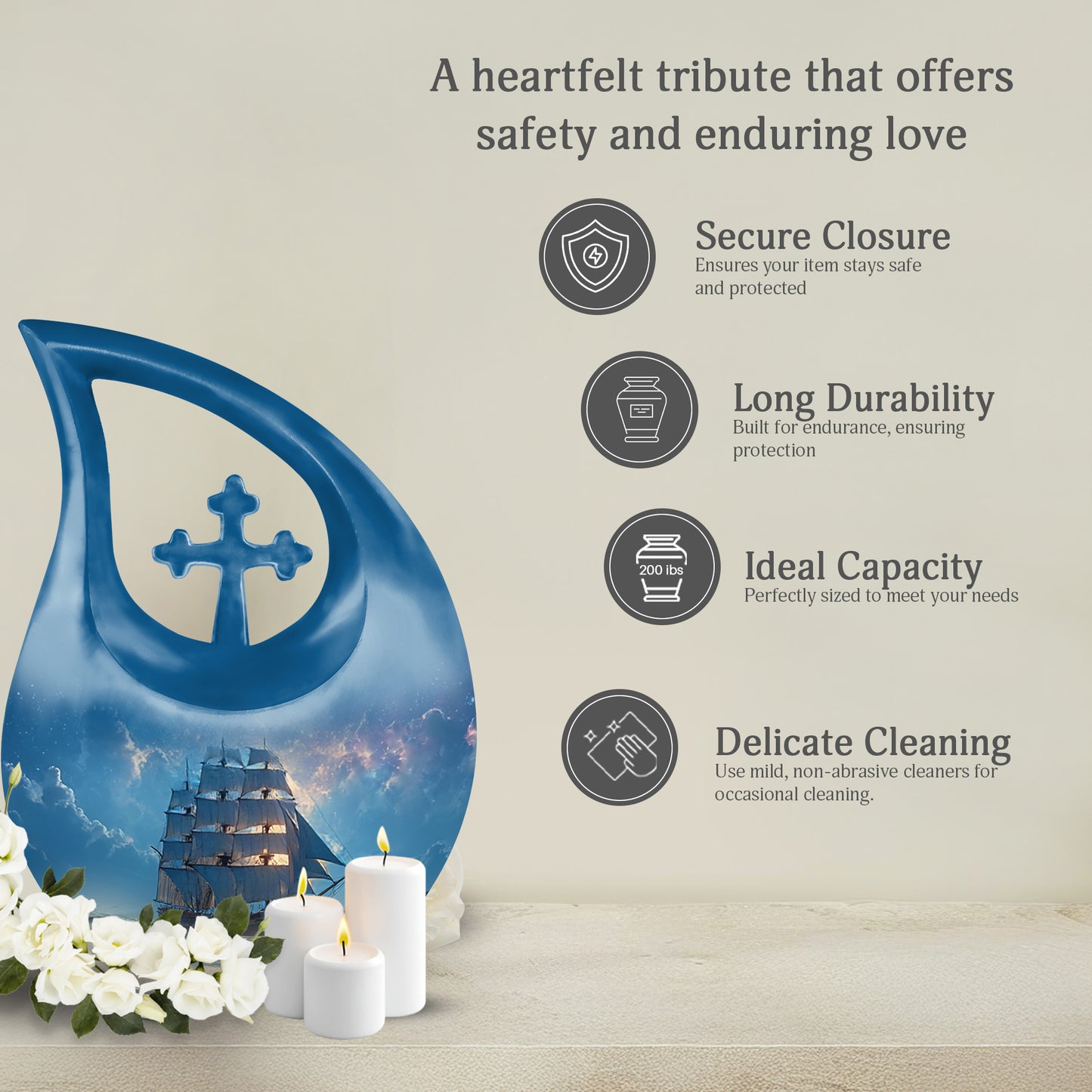 Powder Blue Boat Cremation Urn top-down view of secure threaded lid - cross and boat combined in spiritual memorial design - full-size 10 inch 200 cubic inch adult cremation urn