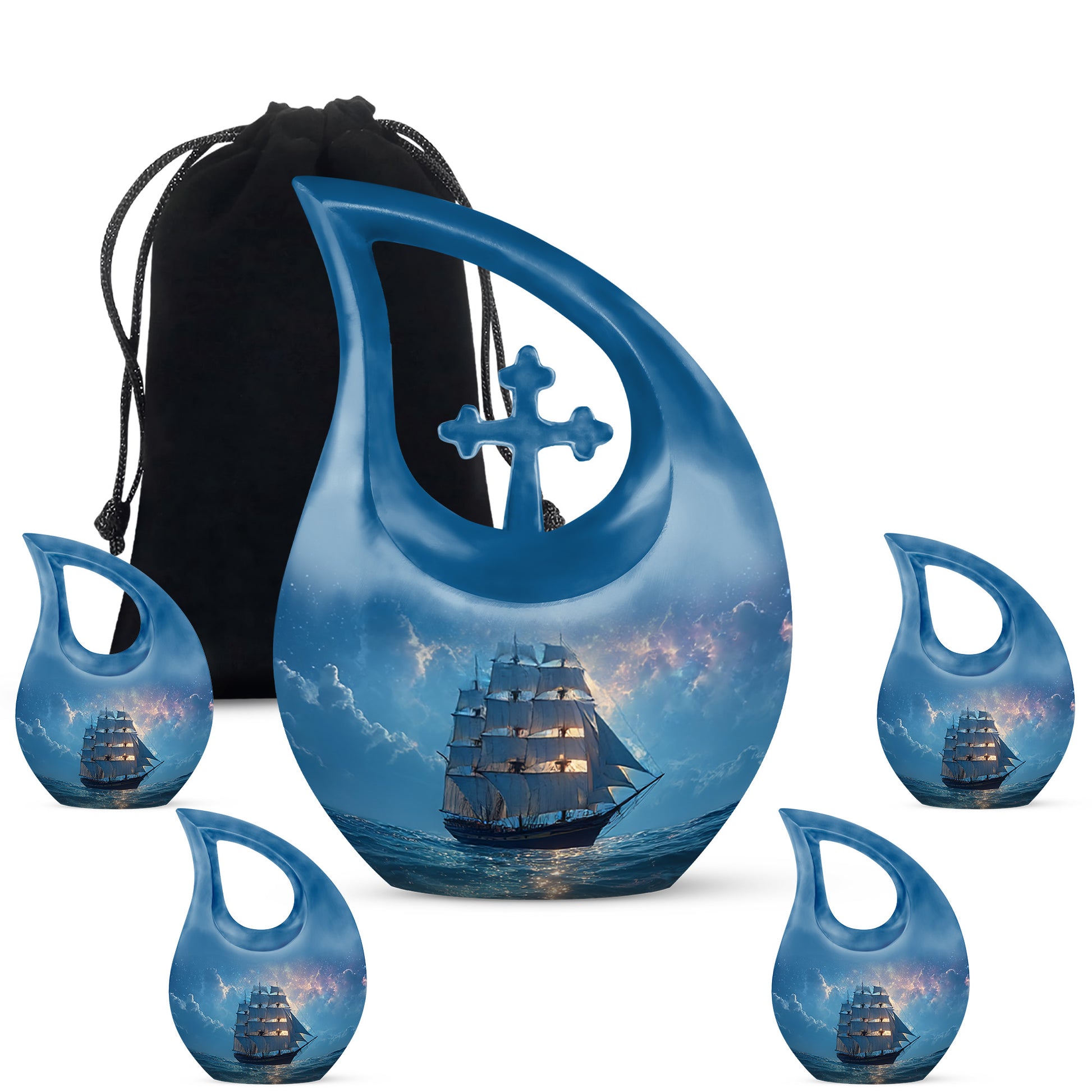 Pastel Blue Boat Cremation Urn urn with complimentary velvet bag - sacred cross merged with boat motif on metal - memorial set with one large and four small urns