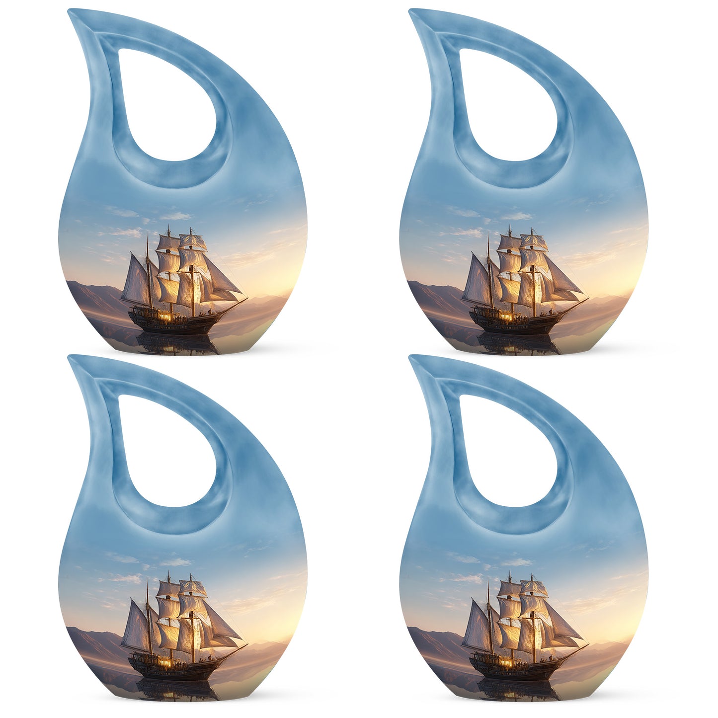 Powder Blue Boat Cremation Urn lifestyle display on memorial shelf - cross and boat combined in spiritual memorial design - 10 inch aluminum urn for cremated remains