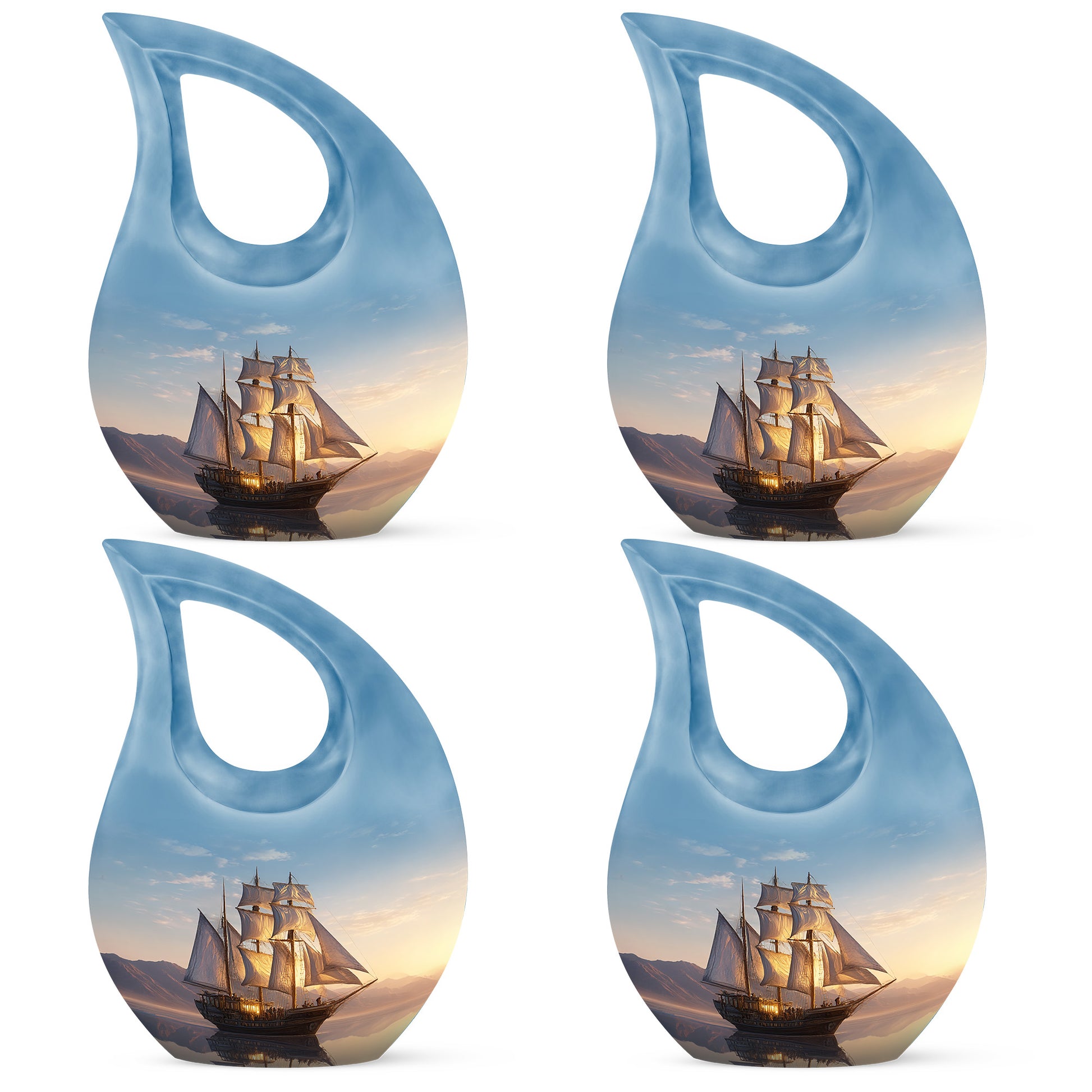 Powder Blue Boat Cremation Urn lifestyle display on memorial shelf - cross and boat combined in spiritual memorial design - 10 inch aluminum urn for cremated remains