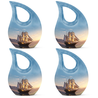 Powder Blue Boat Cremation Urn lifestyle display on memorial shelf - cross and boat combined in spiritual memorial design - 10 inch aluminum urn for cremated remains