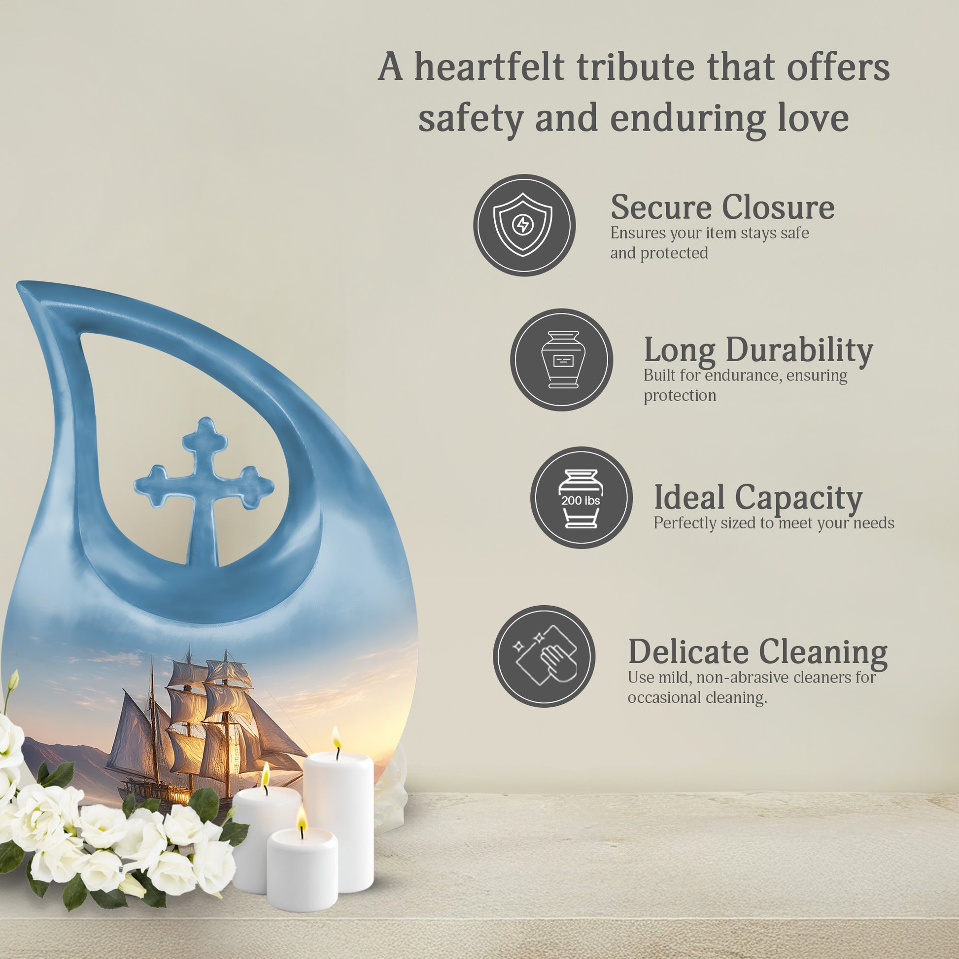 Twilight Blue Boat Cremation Urn top-down view of secure threaded lid - devotional cross-drop boat engraving - full-size 10 inch 200 cubic inch adult cremation urn