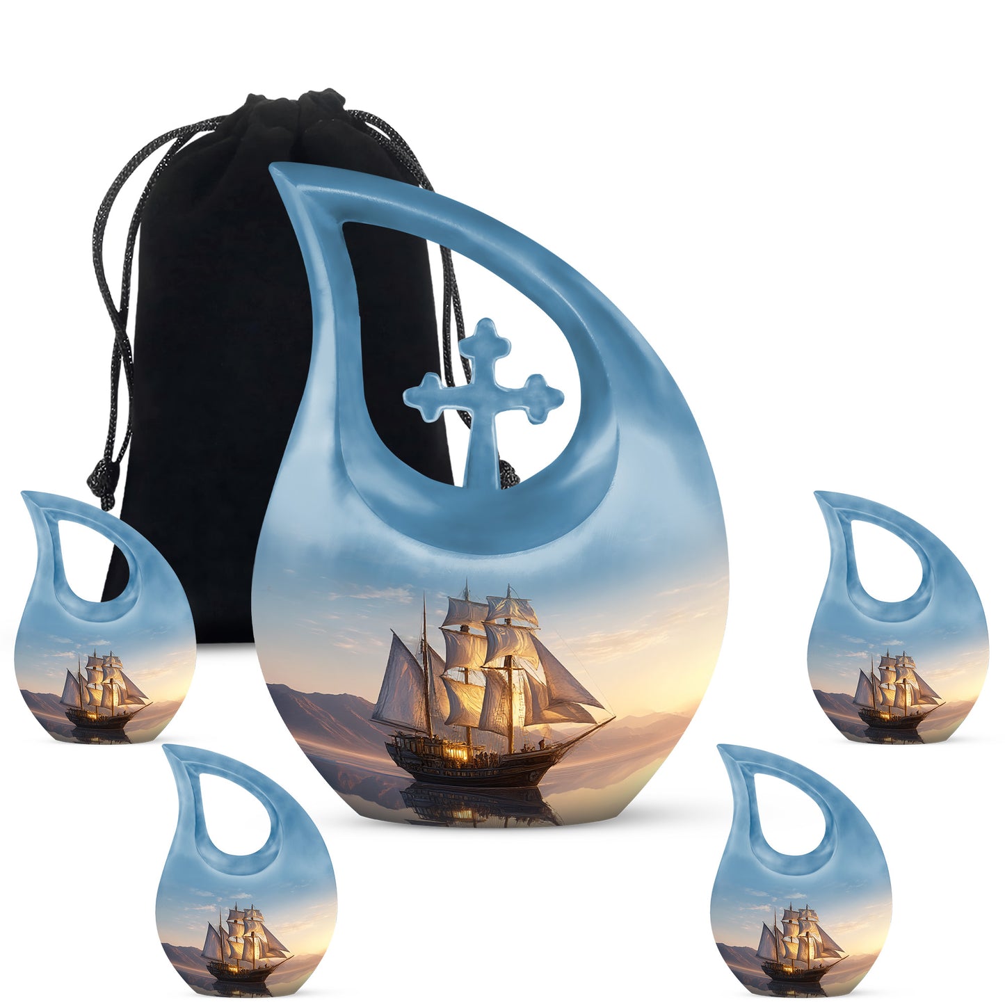 Cornflower Blue Boat Cremation Urn urn with complimentary velvet bag - faith-inspired cross-drop urn with boat pattern - memorial set with one large and four small urns