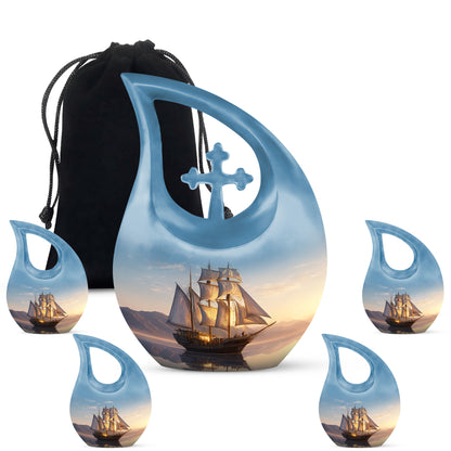 Cornflower Blue Boat Cremation Urn urn with complimentary velvet bag - faith-inspired cross-drop urn with boat pattern - memorial set with one large and four small urns