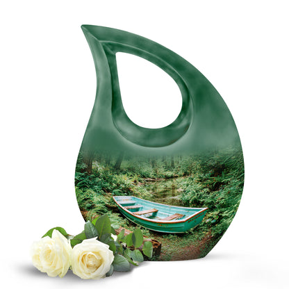 Dignified Green Boat Cremation Urn for Ashes - 10-inch, 200 cu in - Yatskia