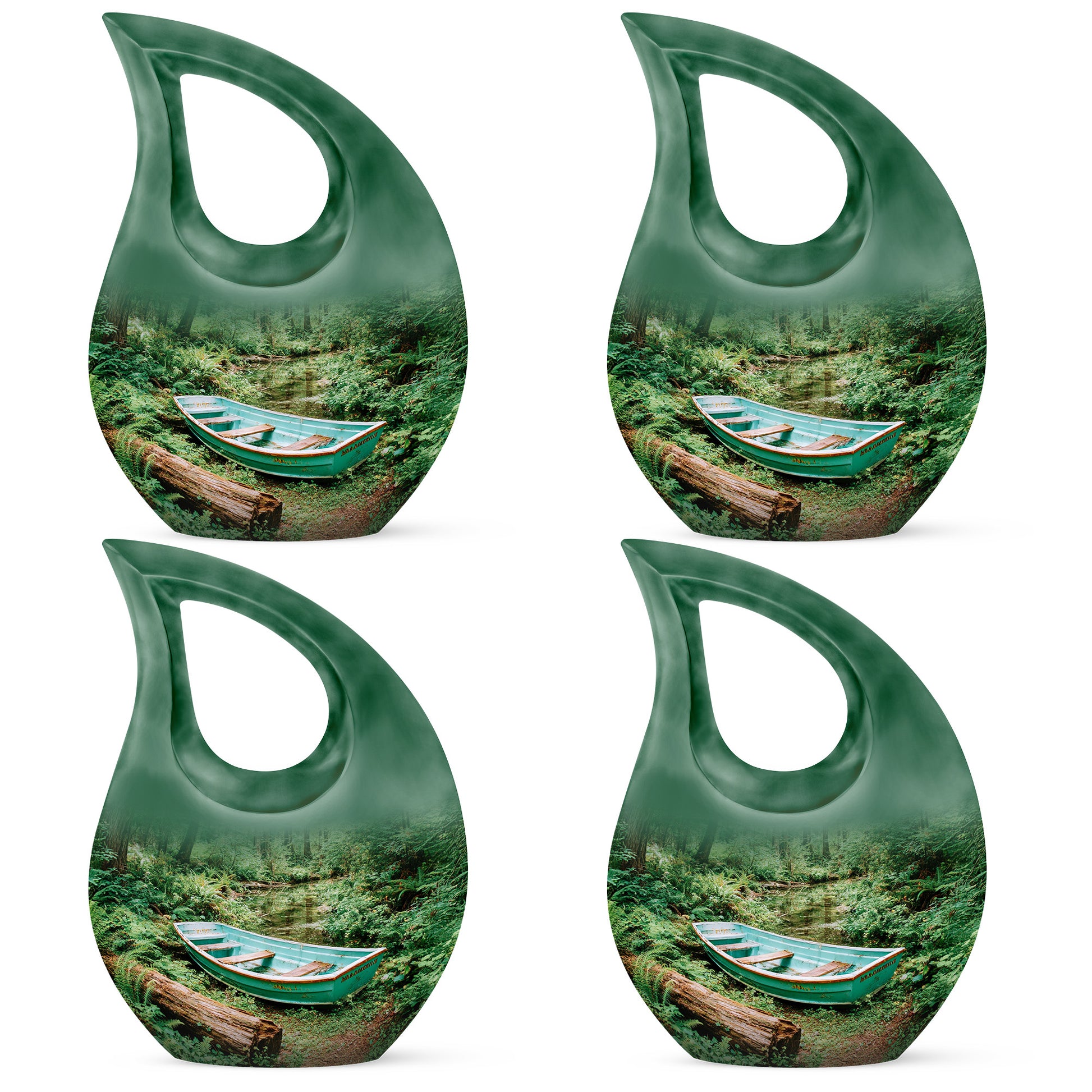 Forest Green Boat Cremation Urn lifestyle display on memorial shelf - devotional cross-drop boat engraving - 10 inch aluminum urn for cremated remains