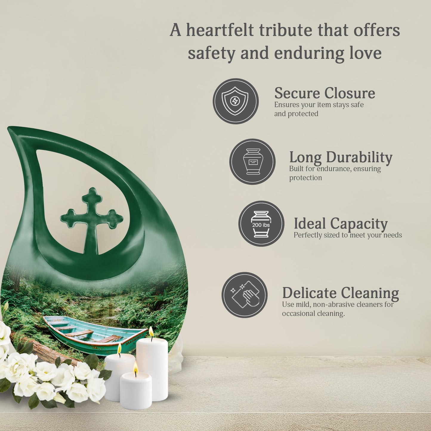Sage Green Boat Cremation Urn top-down view of secure threaded lid - cross and boat combined in spiritual memorial design - full-size 10 inch 200 cubic inch adult cremation urn