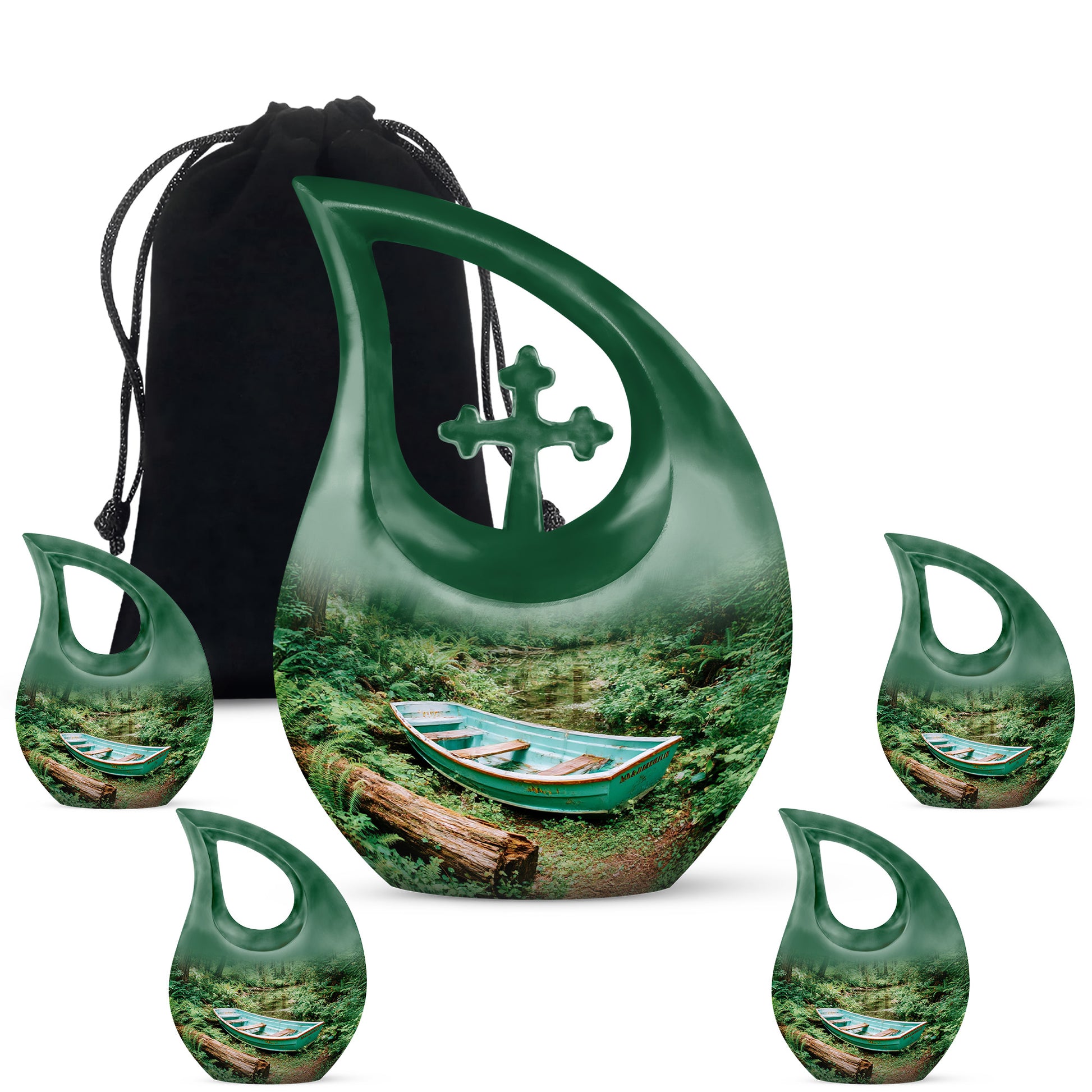 Hunter Green Boat Cremation Urn urn with complimentary velvet bag - faith-inspired cross-drop urn with boat pattern - memorial set with one large and four small urns