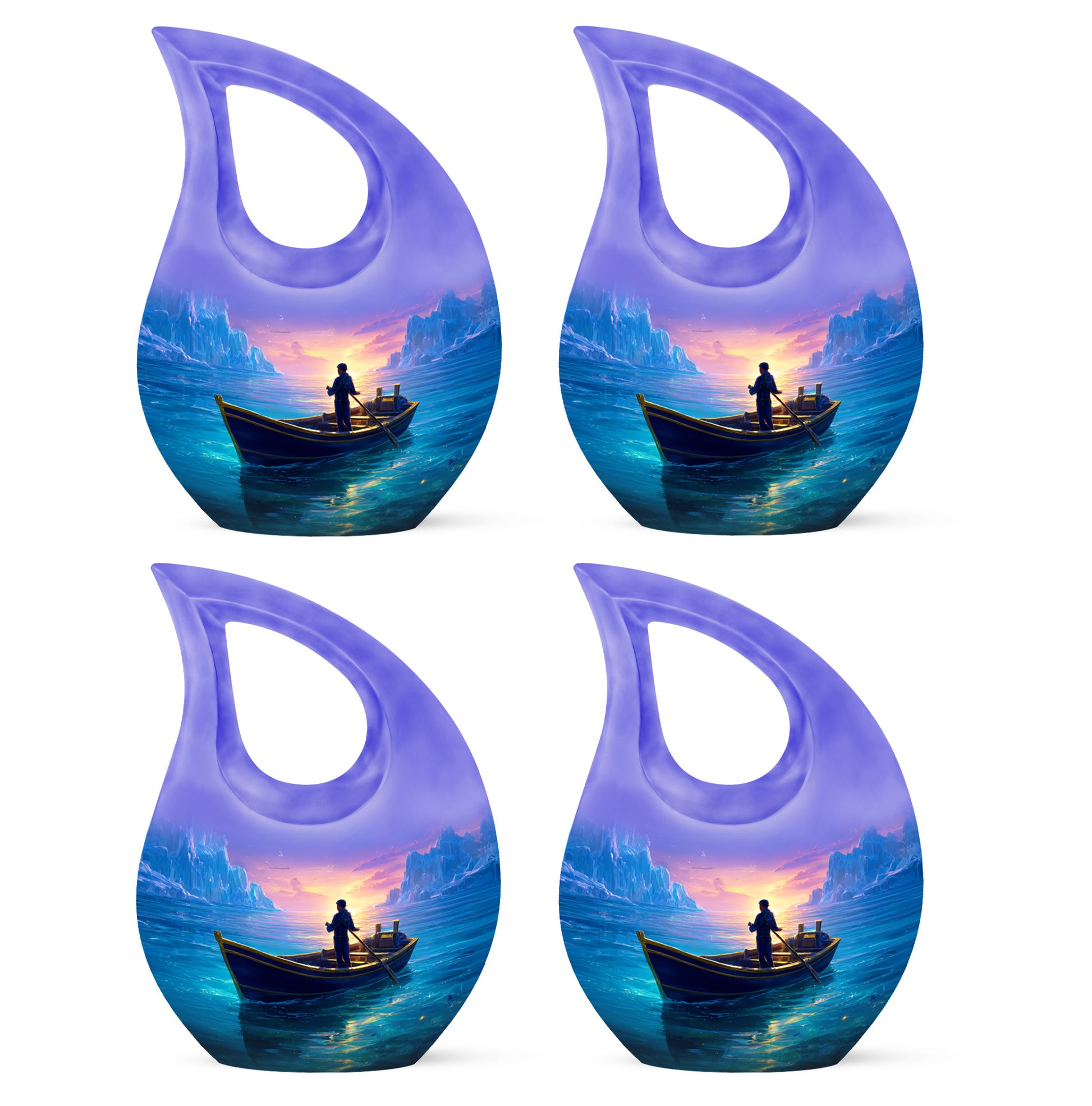 Navy Blue Boat Cremation Urn lifestyle display on memorial shelf - sacred cross merged with boat motif on metal - 10 inch aluminum urn for cremated remains