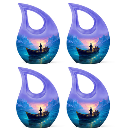 Navy Blue Boat Cremation Urn lifestyle display on memorial shelf - sacred cross merged with boat motif on metal - 10 inch aluminum urn for cremated remains