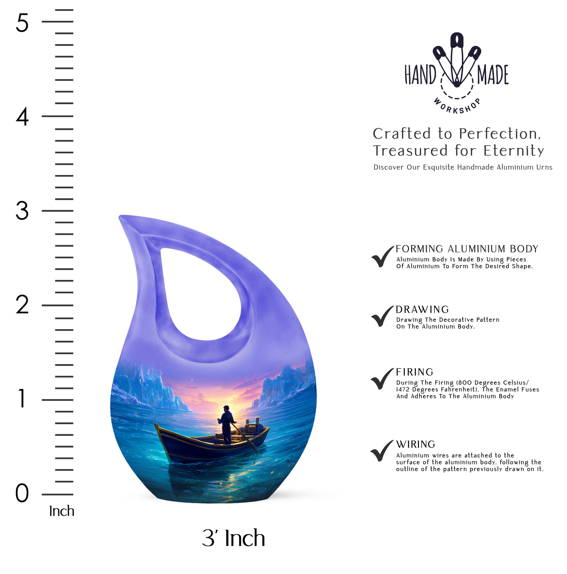 Sky Blue Boat Cremation Urn back view with polished surface - cross and boat combined in spiritual memorial design - mini keepsake memorial for portion of cremation ashes