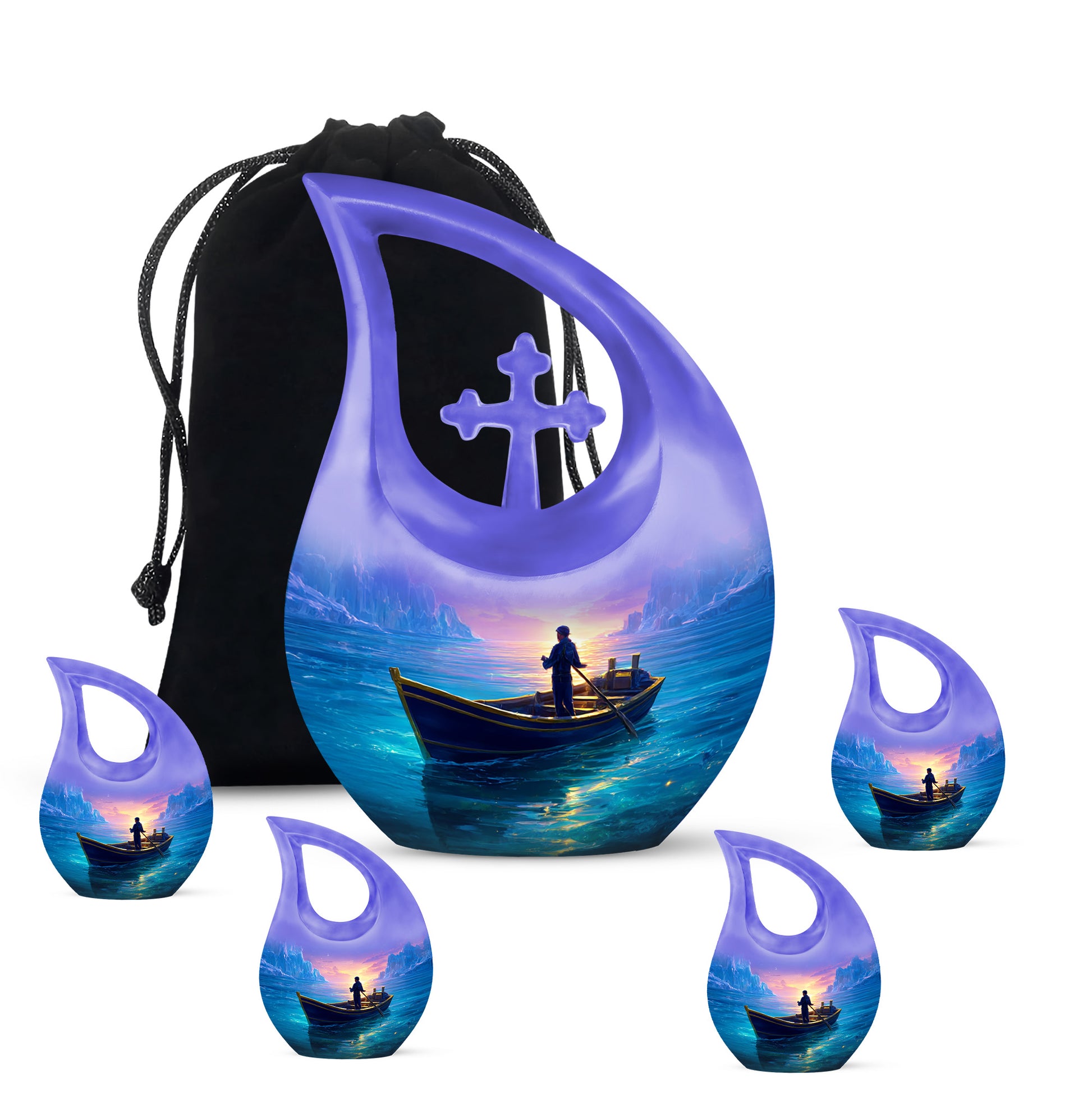 Icy Blue Boat Cremation Urn urn with complimentary velvet bag - cross and boat combined in spiritual memorial design - memorial set with one large and four small urns