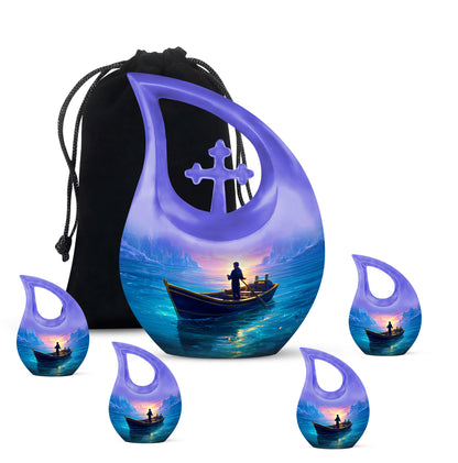 Icy Blue Boat Cremation Urn urn with complimentary velvet bag - cross and boat combined in spiritual memorial design - memorial set with one large and four small urns