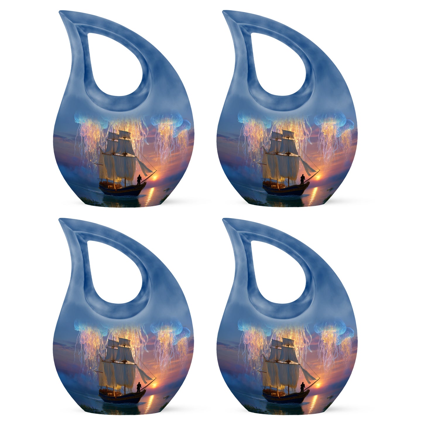 Royal Blue Boat Cremation Urn lifestyle display on memorial shelf - devotional cross-drop boat engraving - 10 inch aluminum urn for cremated remains