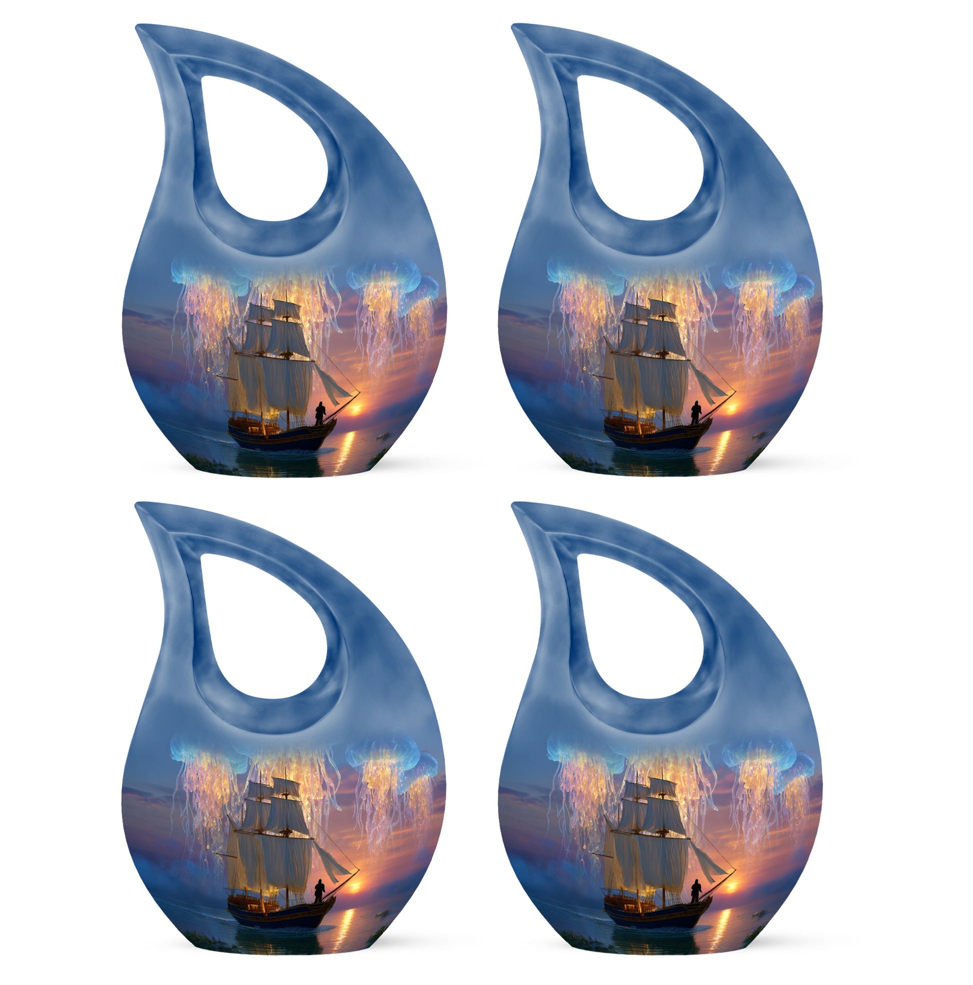 Royal Blue Boat Cremation Urn lifestyle display on memorial shelf - devotional cross-drop boat engraving - 10 inch aluminum urn for cremated remains