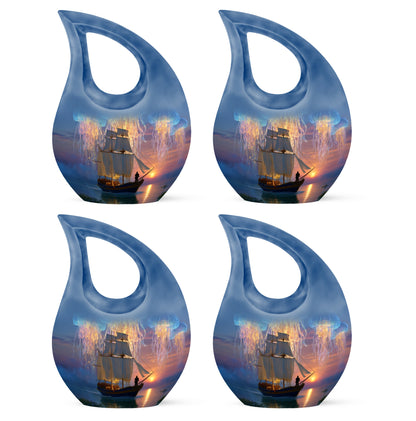Royal Blue Boat Cremation Urn lifestyle display on memorial shelf - devotional cross-drop boat engraving - 10 inch aluminum urn for cremated remains