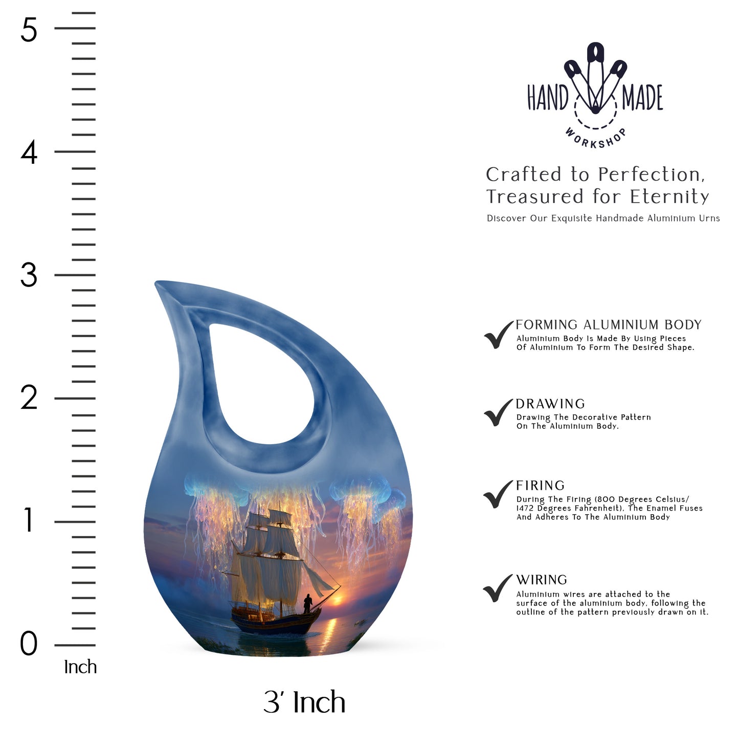 Icy Blue Boat Cremation Urn back view with polished surface - cross and boat combined in spiritual memorial design - mini keepsake memorial for portion of cremation ashes