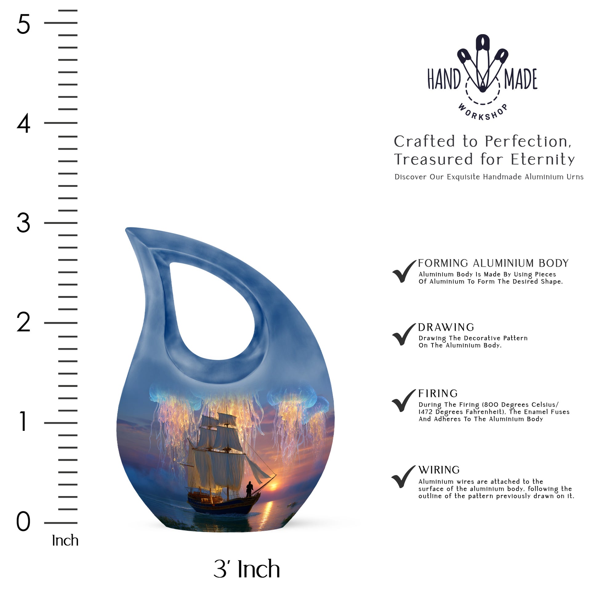 Icy Blue Boat Cremation Urn back view with polished surface - cross and boat combined in spiritual memorial design - mini keepsake memorial for portion of cremation ashes