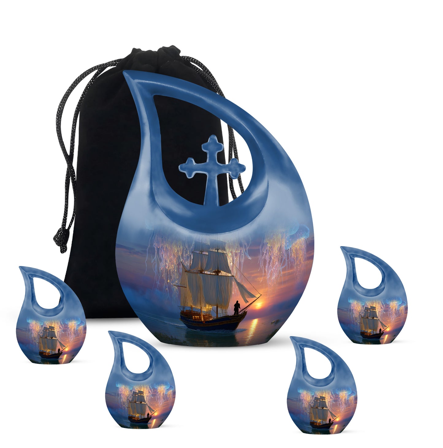 Navy Blue Boat Cremation Urn urn with complimentary velvet bag - sacred cross merged with boat motif on metal - memorial set with one large and four small urns