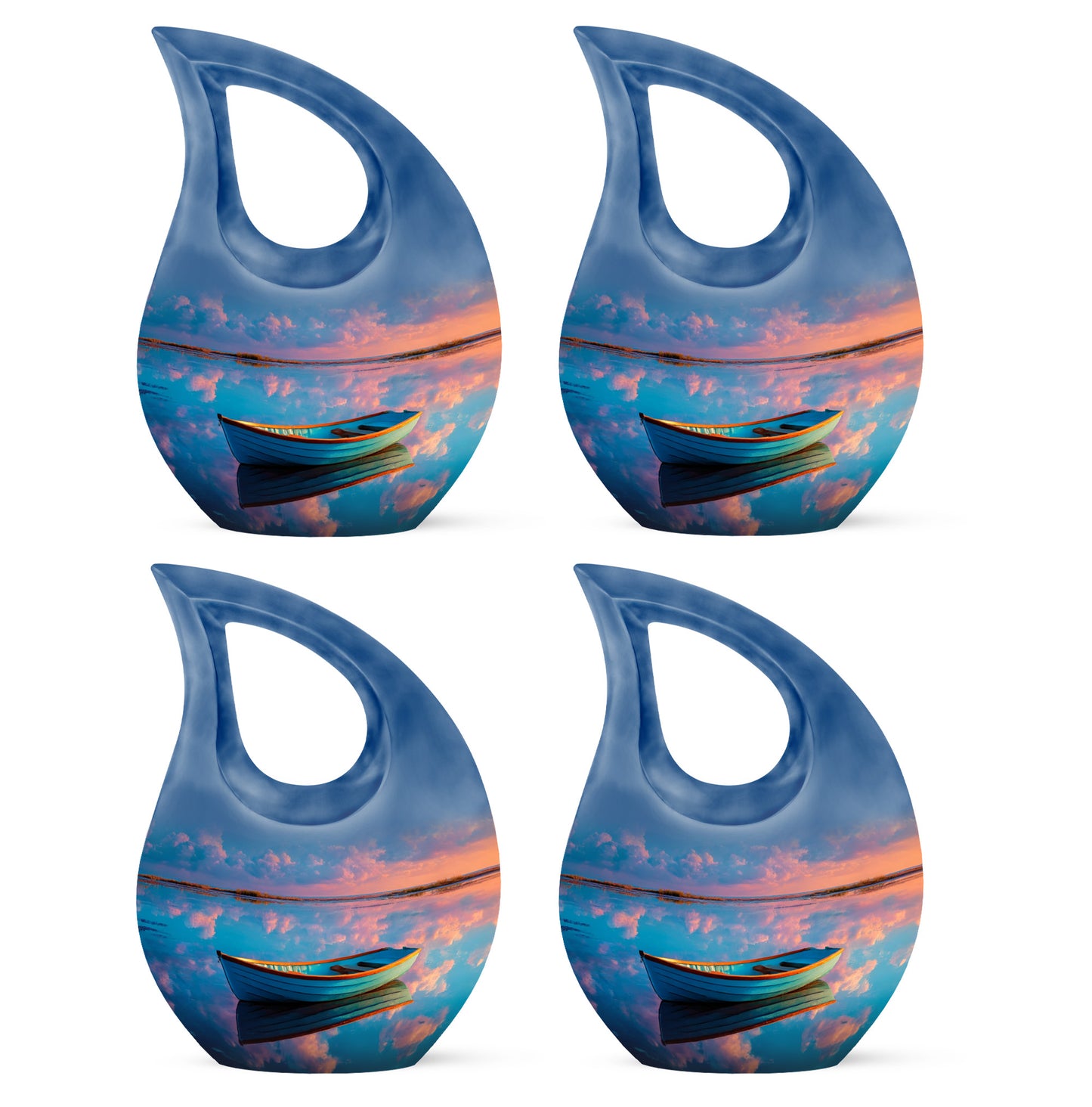 Misty Blue Boat Cremation Urn lifestyle display on memorial shelf - sacred cross merged with boat motif on metal - 10 inch aluminum urn for cremated remains