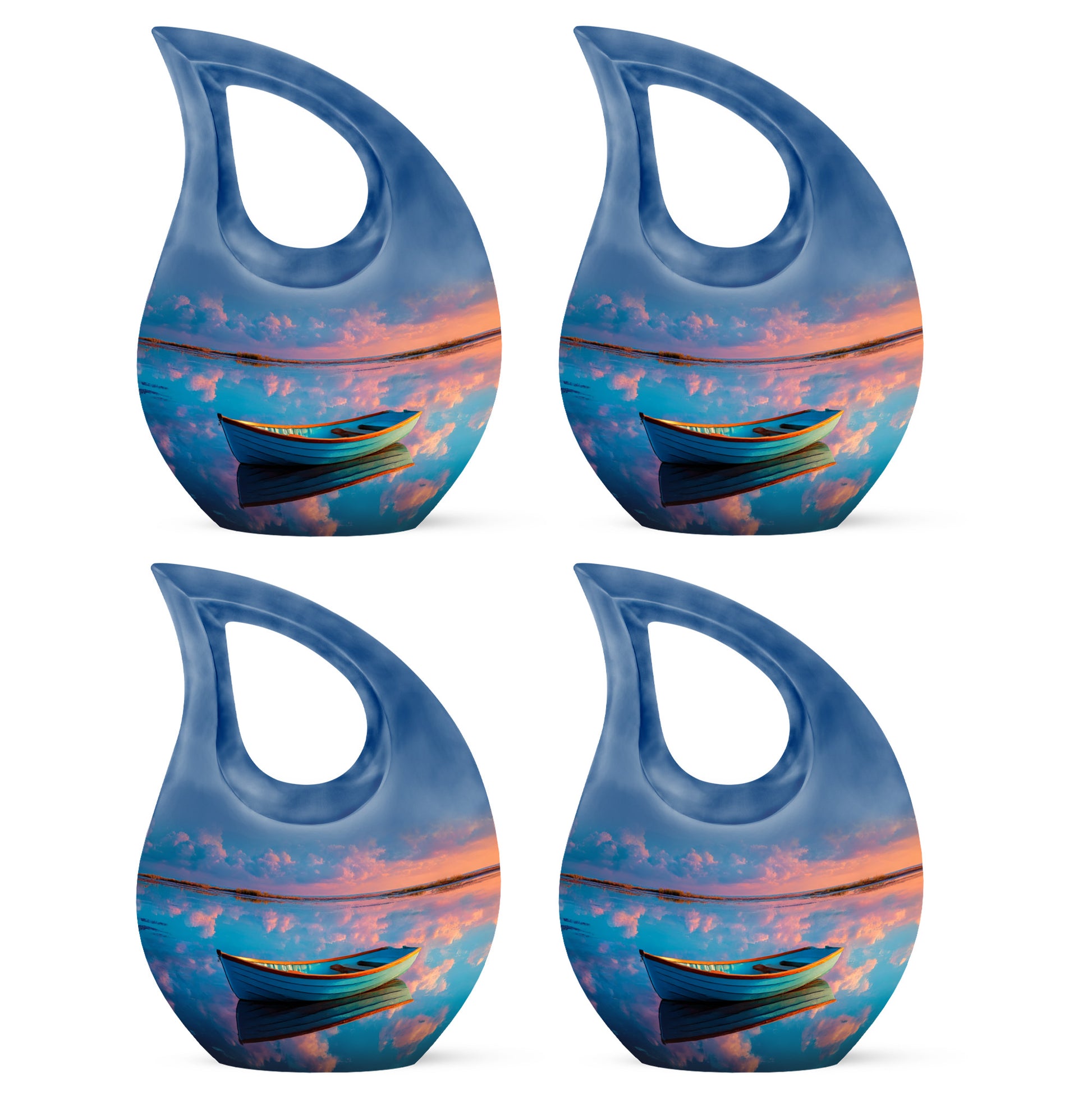 Misty Blue Boat Cremation Urn lifestyle display on memorial shelf - sacred cross merged with boat motif on metal - 10 inch aluminum urn for cremated remains