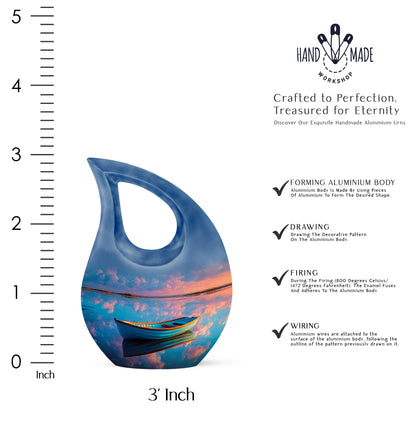 Calming Blue Boat Cremation Urn back view with polished surface - devotional cross-drop boat engraving - mini keepsake memorial for portion of cremation ashes