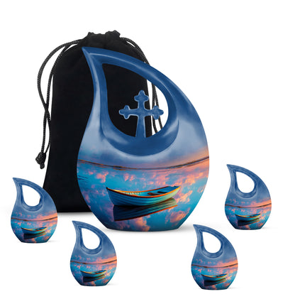 Steel Blue Boat Cremation Urn urn with complimentary velvet bag - devotional cross-drop boat engraving - memorial set with one large and four small urns