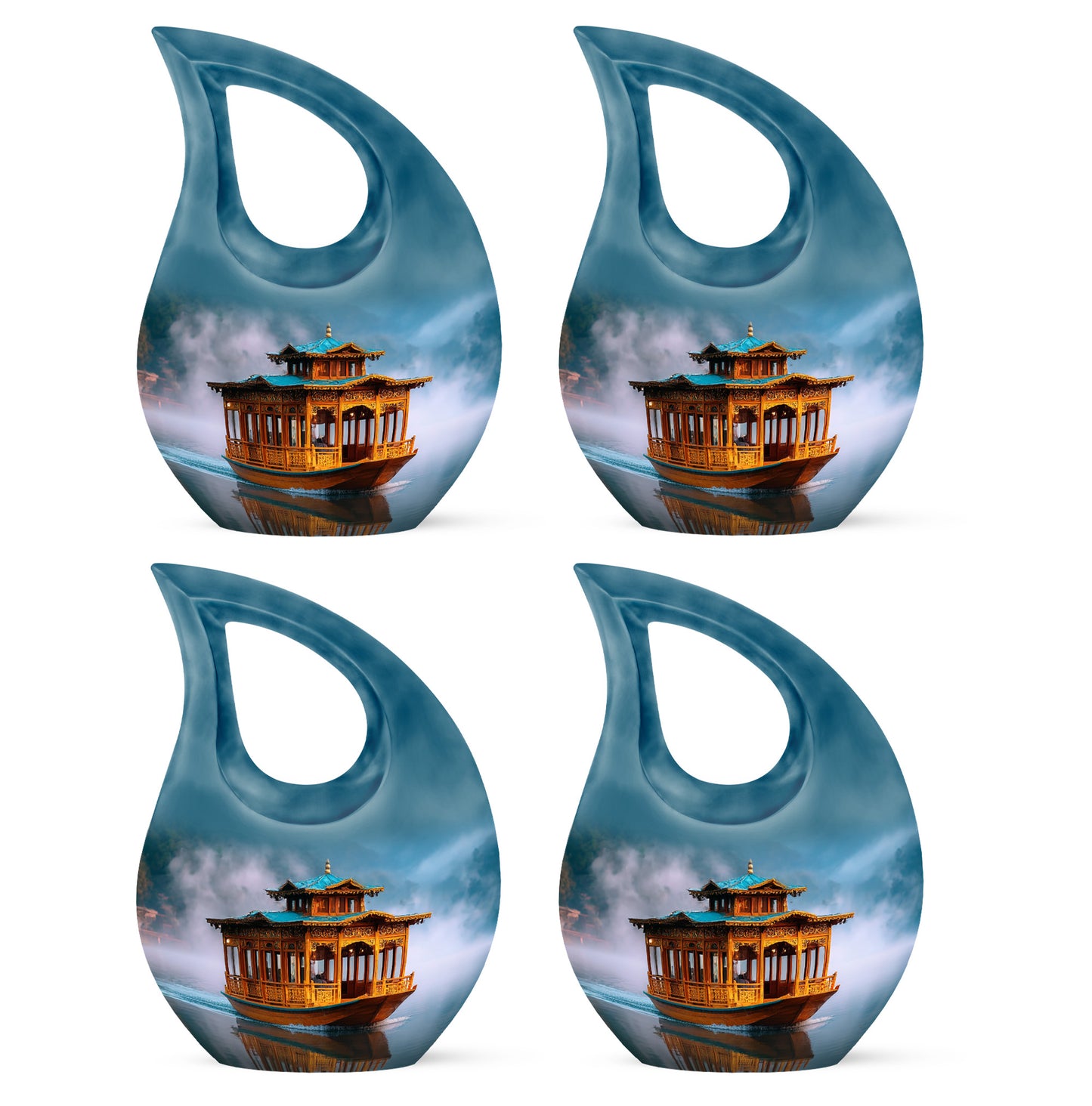 Sky Blue Boat Cremation Urn lifestyle display on memorial shelf - cross and boat combined in spiritual memorial design - 10 inch aluminum urn for cremated remains