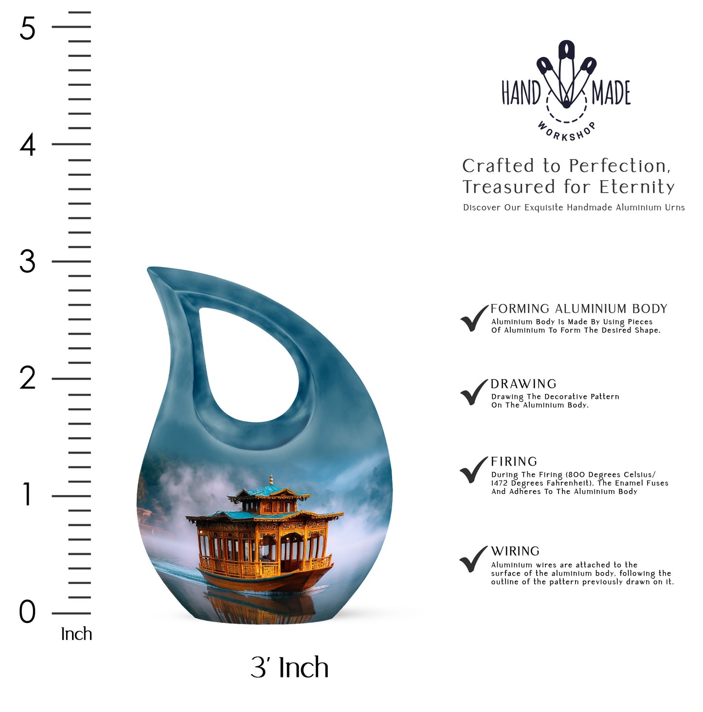 Pastel Blue Boat Cremation Urn back view with polished surface - cross and boat combined in spiritual memorial design - mini keepsake memorial for portion of cremation ashes