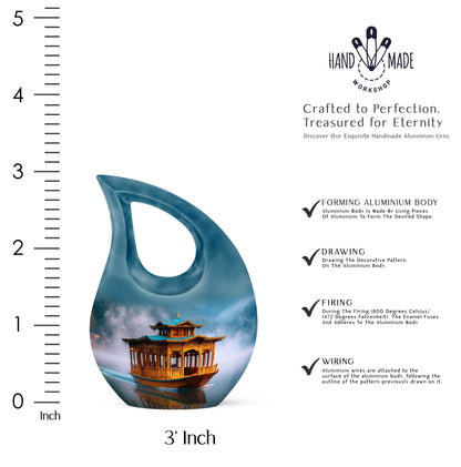 Pastel Blue Boat Cremation Urn back view with polished surface - cross and boat combined in spiritual memorial design - mini keepsake memorial for portion of cremation ashes