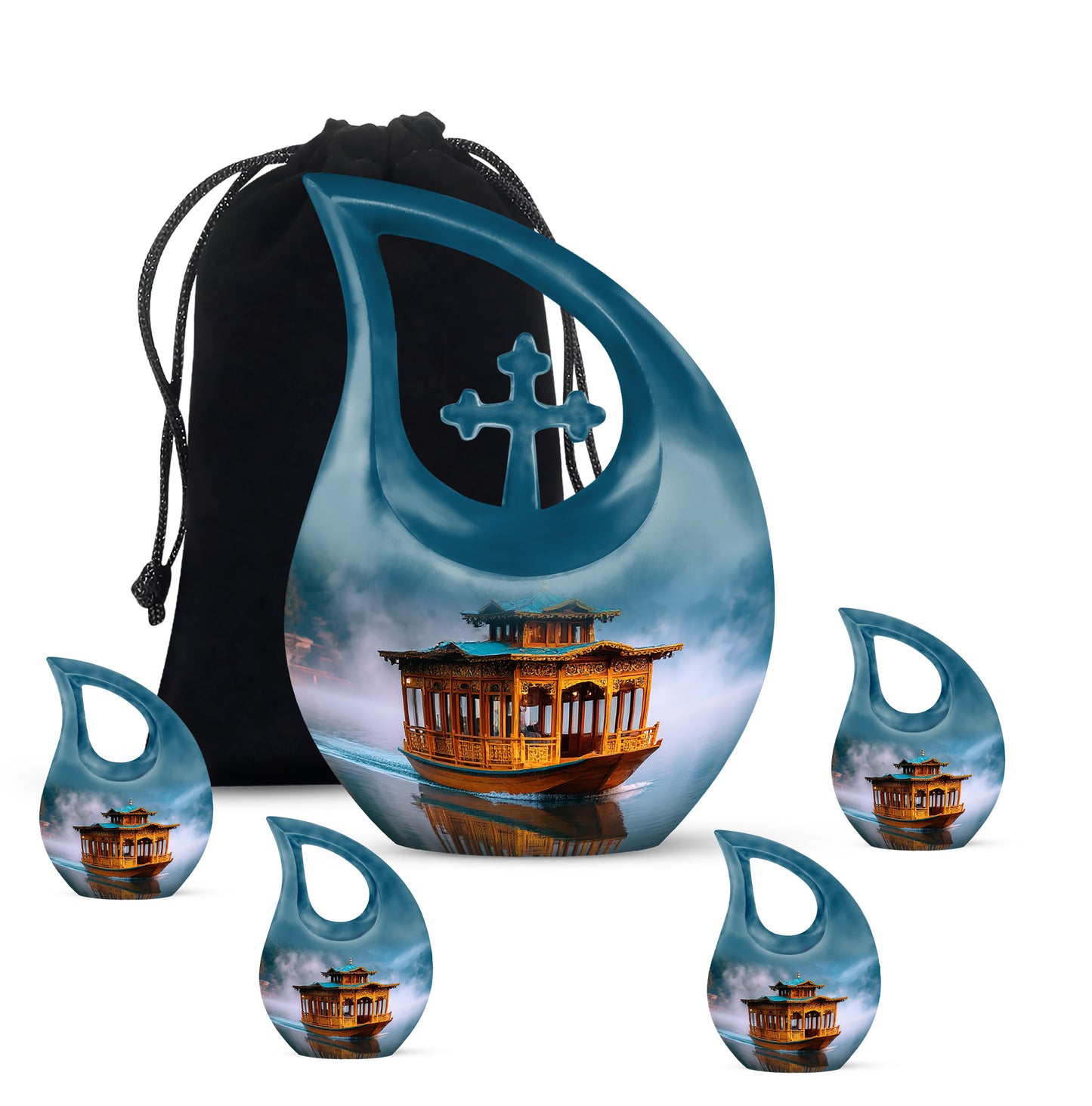 Celestial Blue Boat Cremation Urn urn with complimentary velvet bag - cross and boat combined in spiritual memorial design - memorial set with one large and four small urns