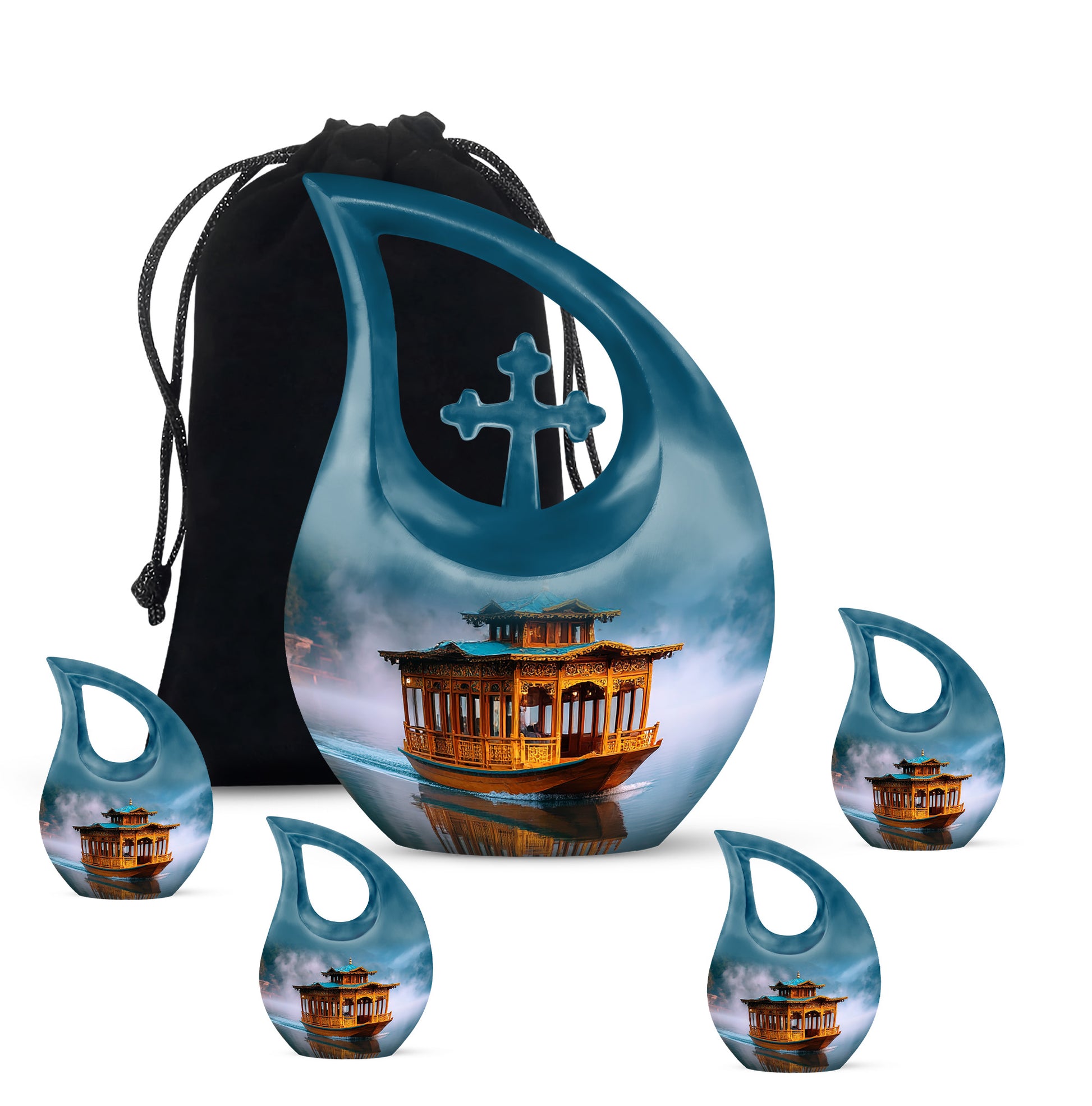 Celestial Blue Boat Cremation Urn urn with complimentary velvet bag - cross and boat combined in spiritual memorial design - memorial set with one large and four small urns