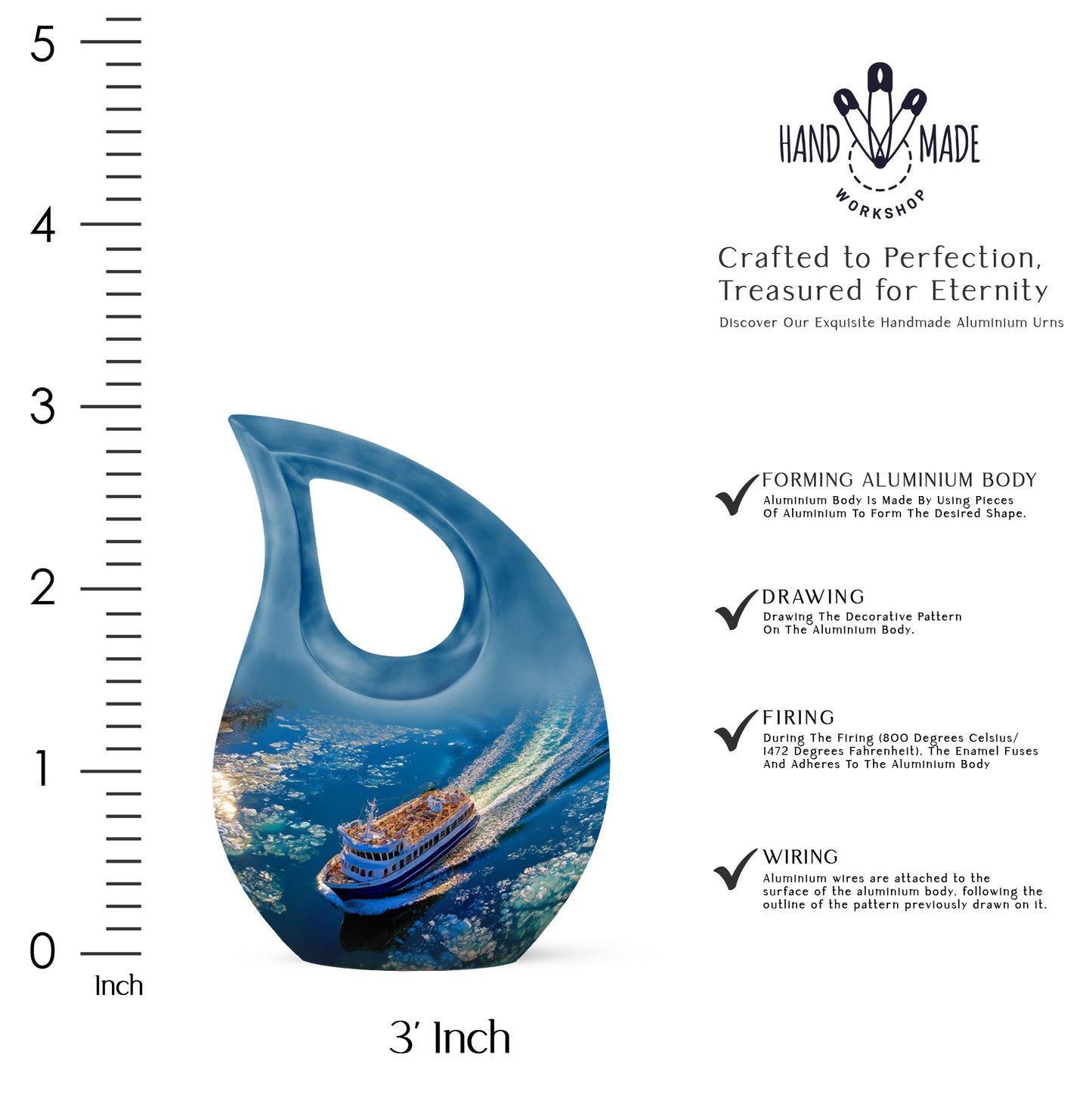 Calming Blue Boat Cremation Urn back view with polished surface - devotional cross-drop boat engraving - mini keepsake memorial for portion of cremation ashes