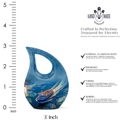 Calming Blue Boat Cremation Urn back view with polished surface - devotional cross-drop boat engraving - mini keepsake memorial for portion of cremation ashes