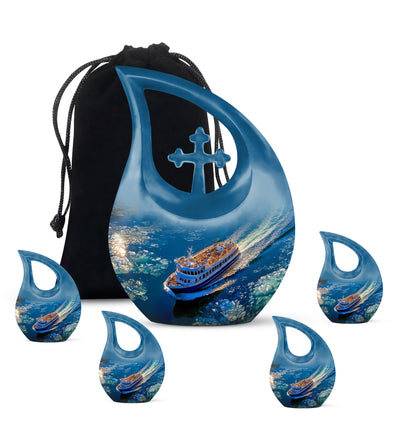 Celestial Blue Boat Cremation Urn urn with complimentary velvet bag - sacred cross merged with boat motif on metal - memorial set with one large and four small urns
