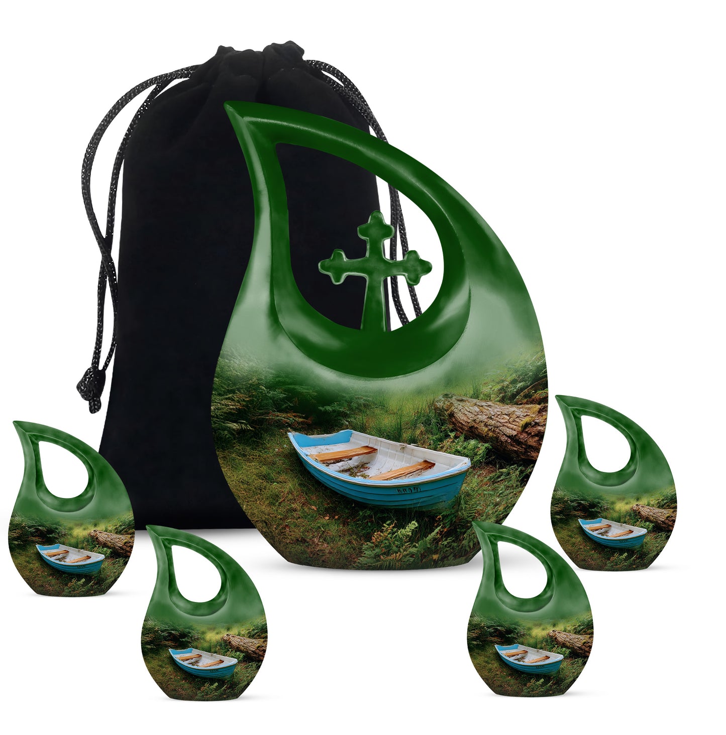 Deep Black Boat Cremation Urn urn with complimentary velvet bag - sacred cross merged with boat motif on metal - memorial set with one large and four small urns