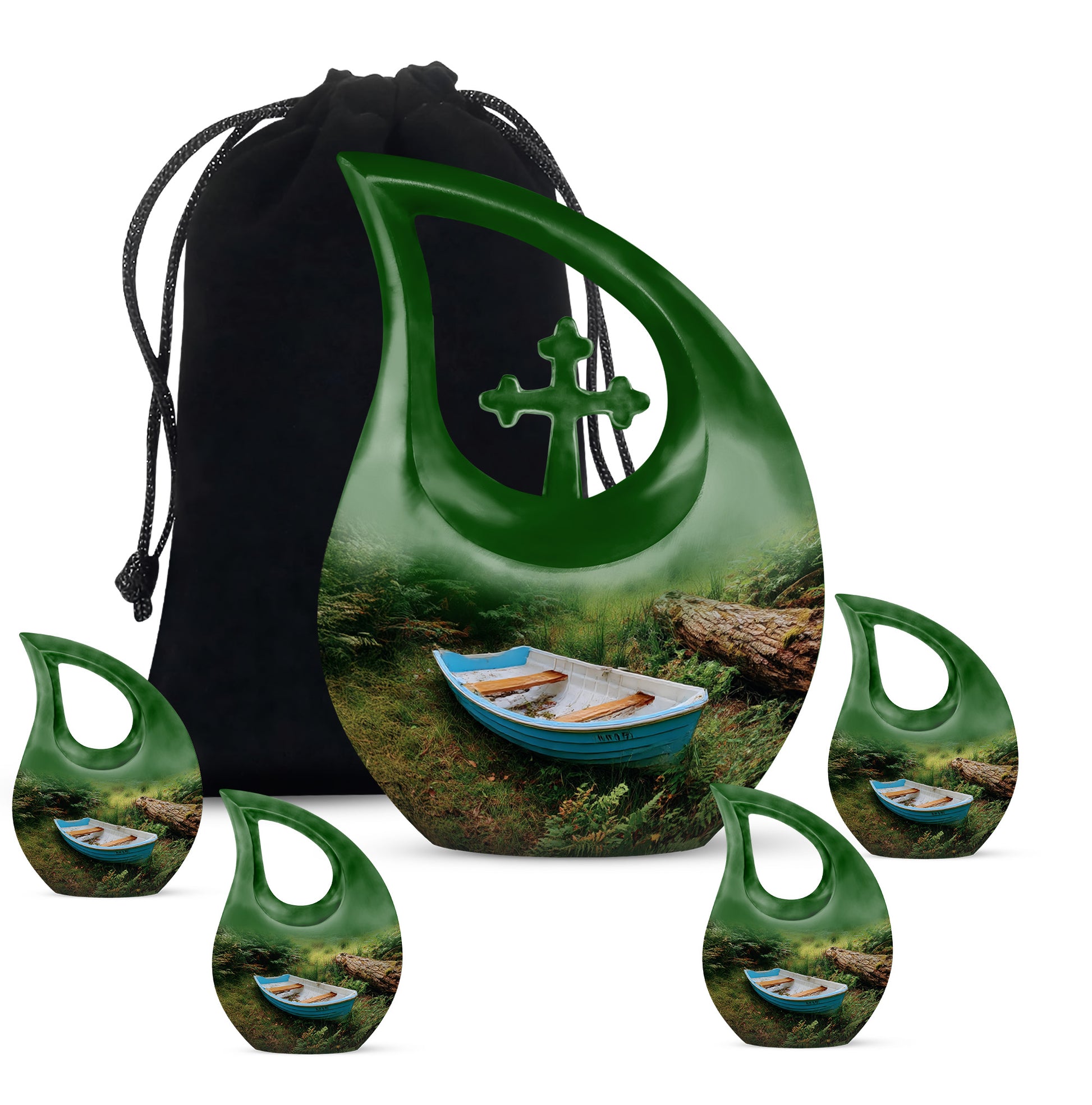 Deep Black Boat Cremation Urn urn with complimentary velvet bag - sacred cross merged with boat motif on metal - memorial set with one large and four small urns
