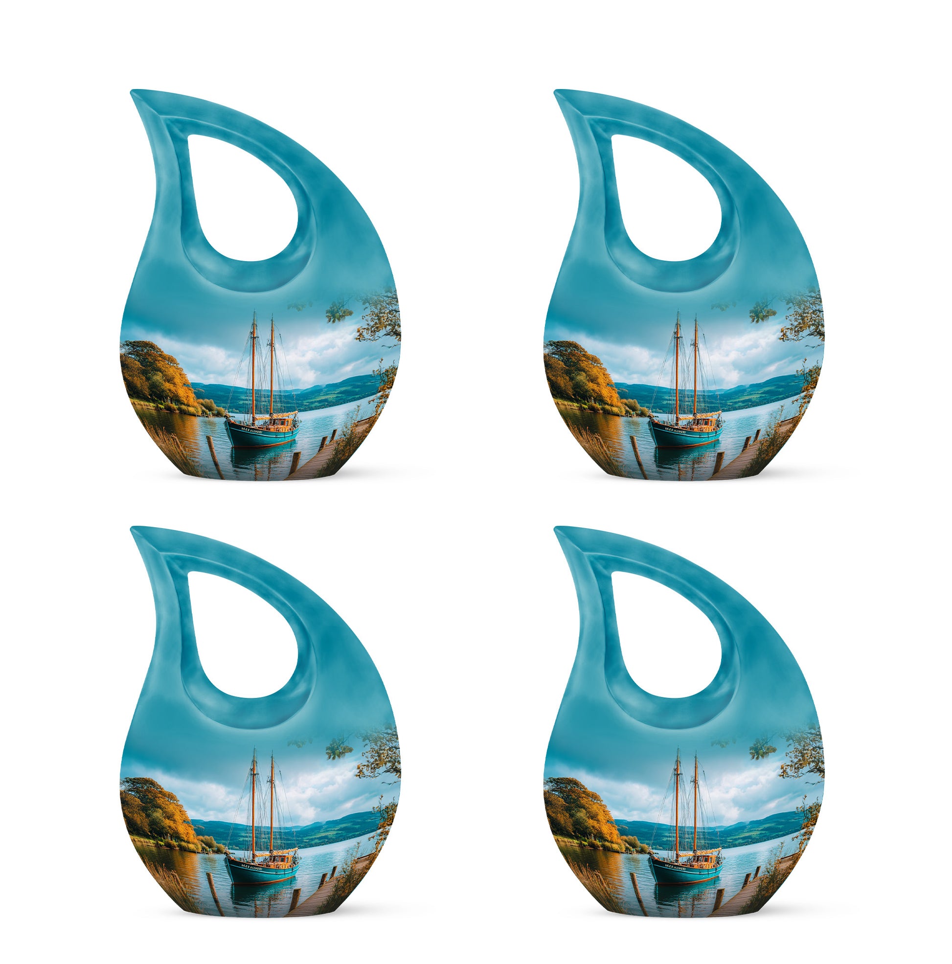 Vivid Teal Boat Cremation Urn lifestyle display on memorial shelf - faith-inspired cross-drop urn with boat pattern - 10 inch aluminum urn for cremated remains