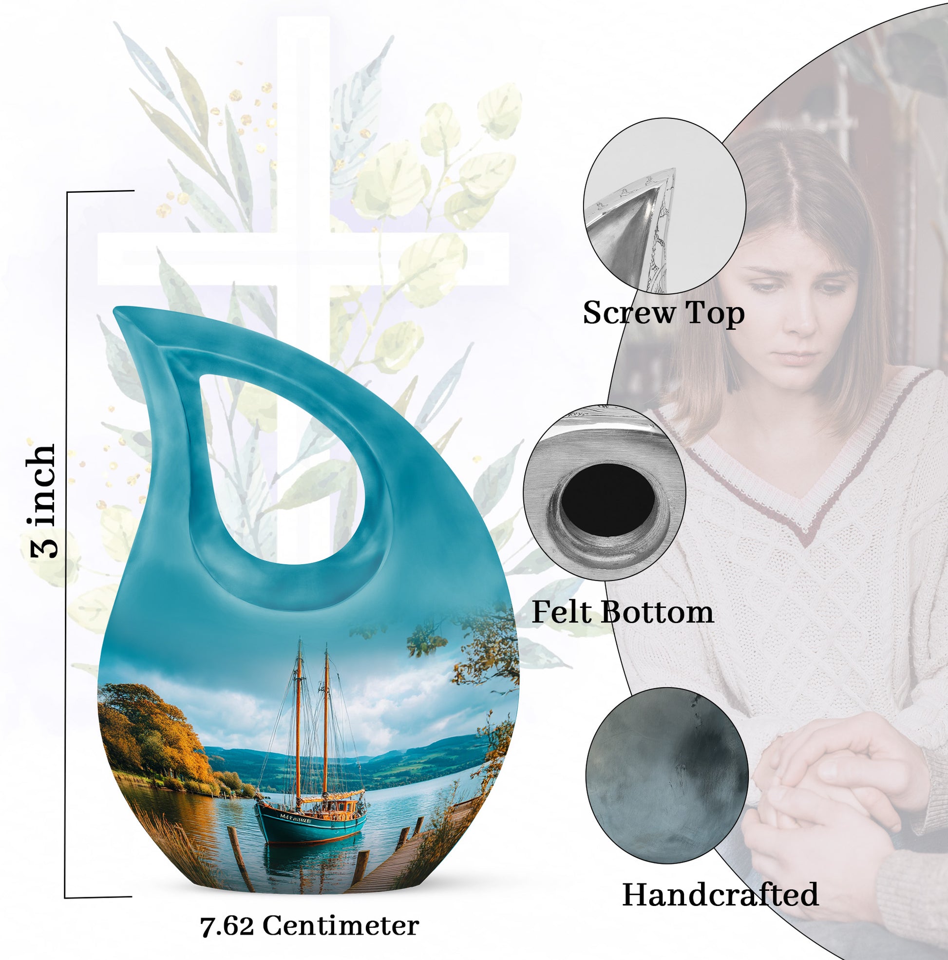 Soft Teal Boat Cremation Urn back view with polished surface - cross and boat combined in spiritual memorial design - mini keepsake memorial for portion of cremation ashes