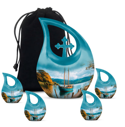 Deep Teal Boat Cremation Urn urn with complimentary velvet bag - faith-inspired cross-drop urn with boat pattern - memorial set with one large and four small urns