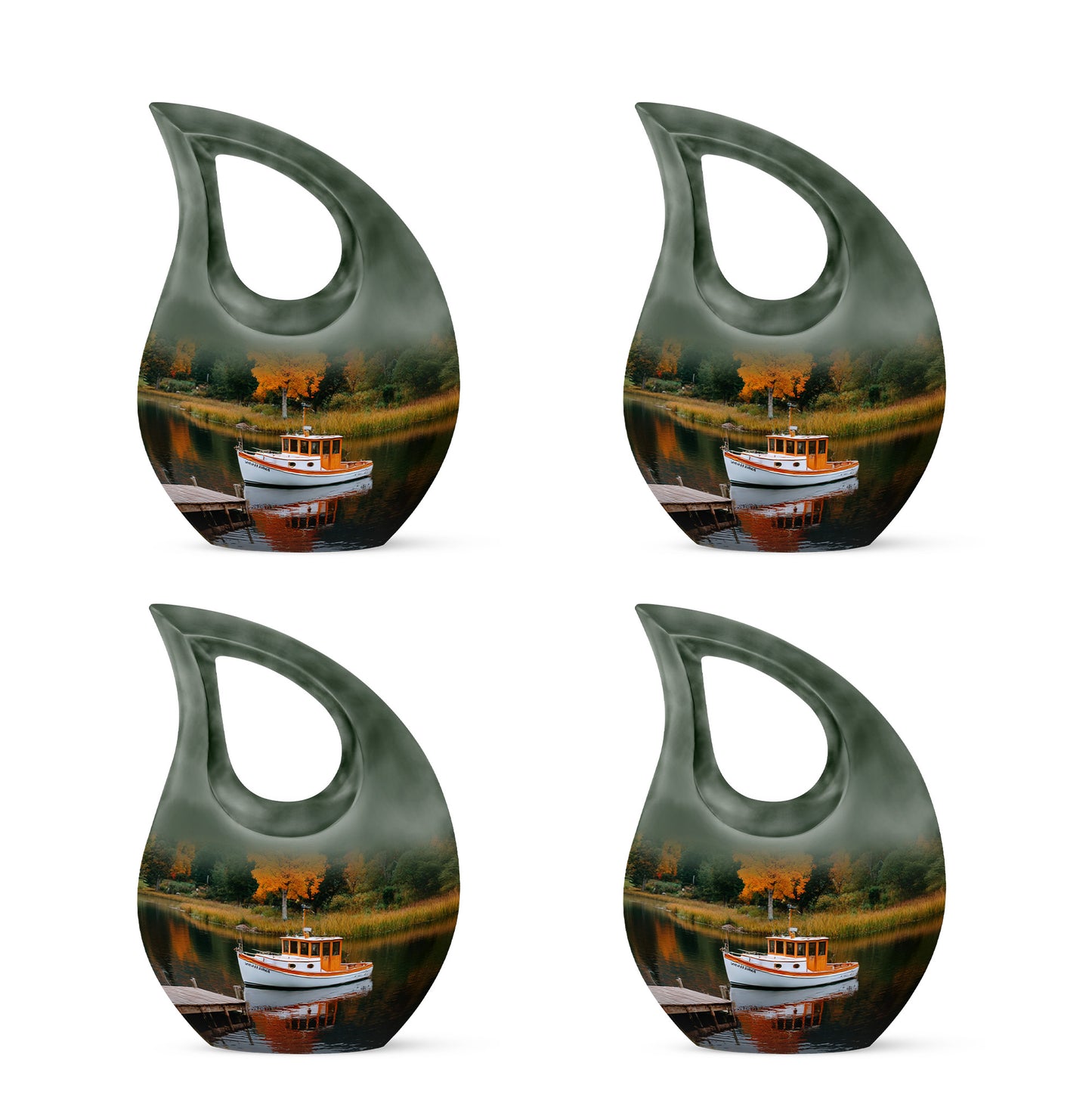 Forest Green Boat Cremation Urn lifestyle display on memorial shelf - devotional cross-drop boat engraving - 10 inch aluminum urn for cremated remains