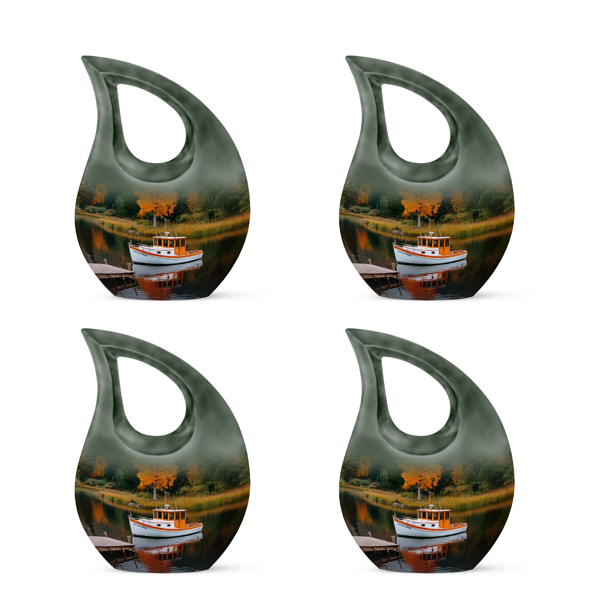Forest Green Boat Cremation Urn lifestyle display on memorial shelf - devotional cross-drop boat engraving - 10 inch aluminum urn for cremated remains