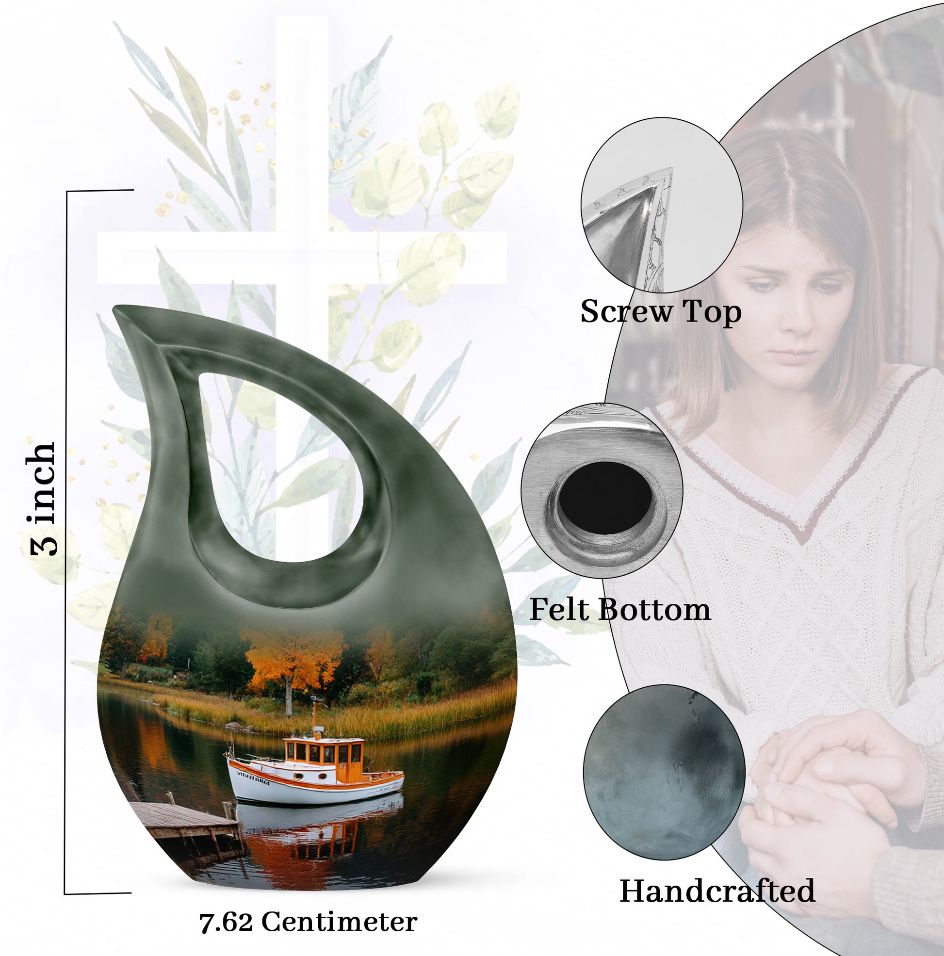 Moss Green Boat Cremation Urn back view with polished surface - cross and boat combined in spiritual memorial design - mini keepsake memorial for portion of cremation ashes