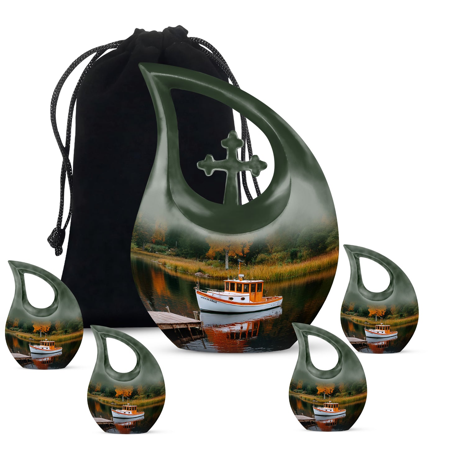 Verdant Green Boat Cremation Urn urn with complimentary velvet bag - sacred cross merged with boat motif on metal - memorial set with one large and four small urns