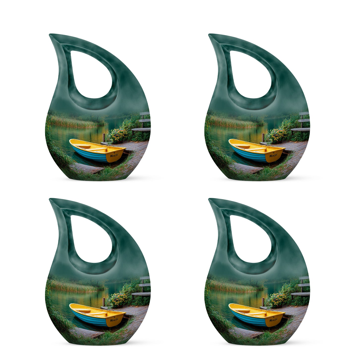Ocean Teal Boat Cremation Urn lifestyle display on memorial shelf - cross and boat combined in spiritual memorial design - 10 inch aluminum urn for cremated remains