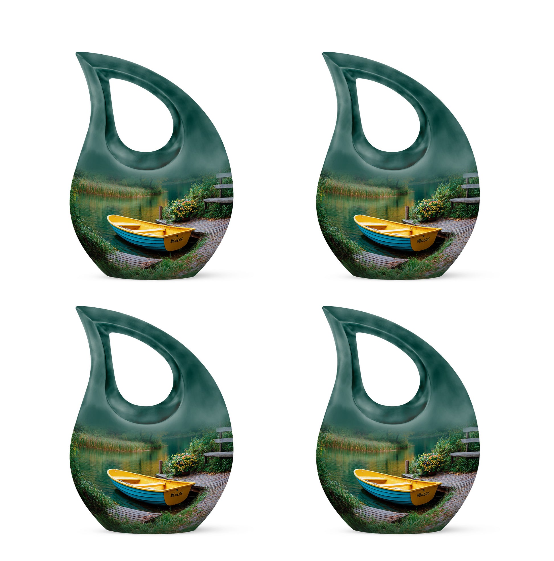 Ocean Teal Boat Cremation Urn lifestyle display on memorial shelf - cross and boat combined in spiritual memorial design - 10 inch aluminum urn for cremated remains