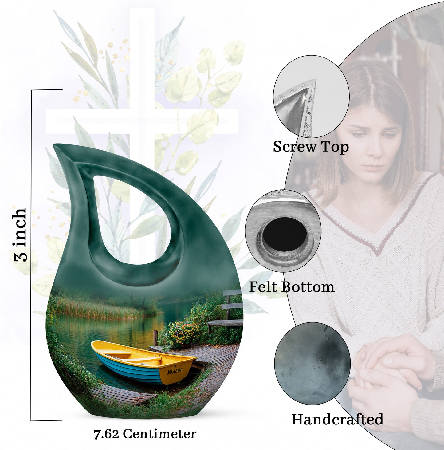 Soft Teal Boat Cremation Urn back view with polished surface - sacred cross merged with boat motif on metal - mini keepsake memorial for portion of cremation ashes
