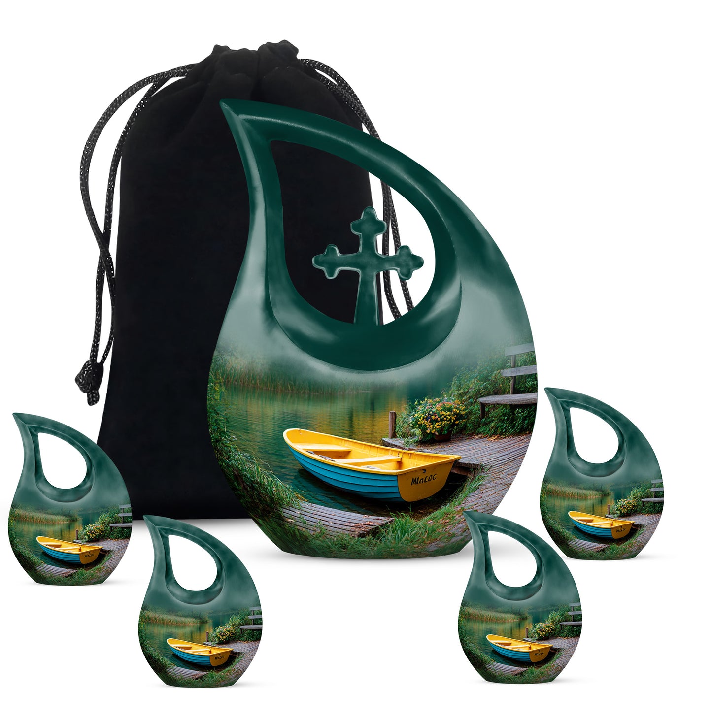 Mystic Teal Boat Cremation Urn urn with complimentary velvet bag - faith-inspired cross-drop urn with boat pattern - memorial set with one large and four small urns