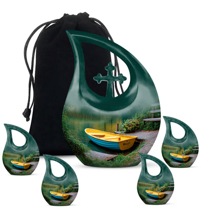 Mystic Teal Boat Cremation Urn urn with complimentary velvet bag - faith-inspired cross-drop urn with boat pattern - memorial set with one large and four small urns